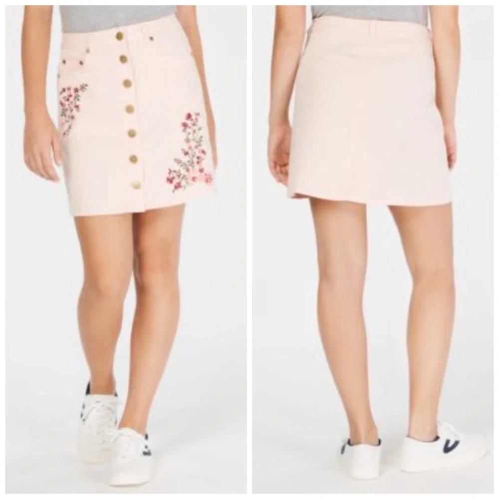 One Heart Pink Floral Embroidered Button Up Mini Skirt Size Medium & XL - Picture 2 of 7